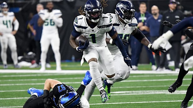 Laviska Shenault Jr. (1), now a receiver with the Seahawks, runs against the Detroit Lions in the third quarter at Ford Field