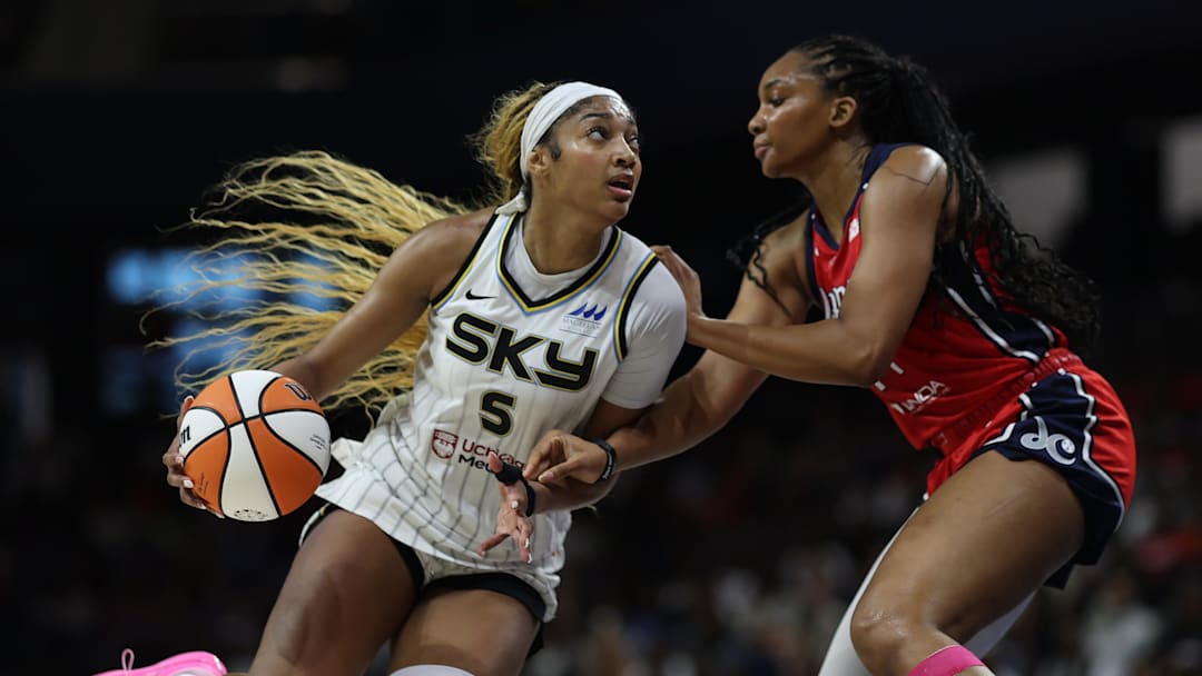 Jul 29, 2025; Washington, District of Columbia, USA; Chicago Sky forward Angel Reese (5) drives to the basket as Washington Mystics forward Kiki Iriafen (44) defends in the first half at CareFirst Arena. Mandatory Credit: Geoff Burke-Imagn Images Jul 29, 2025; Washington, District of Columbia, USA; Chicago Sky forward Angel Reese (5) drives to the basket as Washington Mystics forward Kiki Iriafen (44) defends in the first half at CareFirst Arena. Mandatory Credit: Geoff Burke-Imagn Images