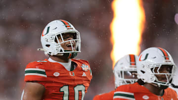 Sep 20, 2025; Miami Gardens, Florida, USA; Miami Hurricanes linebacker Raul Aguirre Jr. (10) reacts as he runs on the field before the game against the Florida Gators at Hard Rock Stadium. Mandatory Credit: Sam Navarro-Imagn Images
