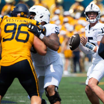 Penn State quarterback Drew Allar looks to throw in the first half against West Virginia 