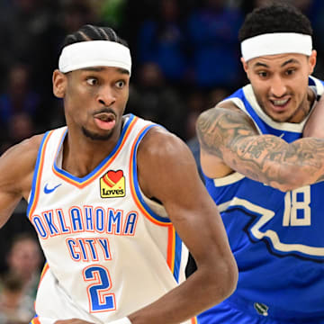 Mar 16, 2025; Milwaukee, Wisconsin, USA;  Oklahoma City Thunder guard Shai Gilgeous-Alexander (2) drives for the basket against Milwaukee Bucks forward Kyle Kuzma (18) in the first quarter at Fiserv Forum. Mandatory Credit: Benny Sieu-Imagn Images
