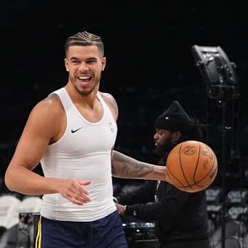 Oct 29, 2024; Brooklyn, New York, USA; Denver Nuggets small forward Michael Porter Jr. (1) warms up prior to the game against the Brooklyn Nets at Barclays Center. Mandatory Credit: Gregory Fisher-Imagn Images