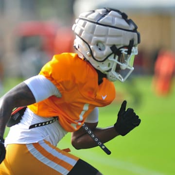 Tennessee's Rickey Gibson (1) runs during Tennessee football's fall practice, in Knoxville, Tenn., Saturday, August 3, 2024.