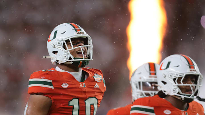 Sep 20, 2025; Miami Gardens, Florida, USA; Miami Hurricanes linebacker Raul Aguirre Jr. (10) reacts as he runs on the field before the game against the Florida Gators at Hard Rock Stadium. Mandatory Credit: Sam Navarro-Imagn Images