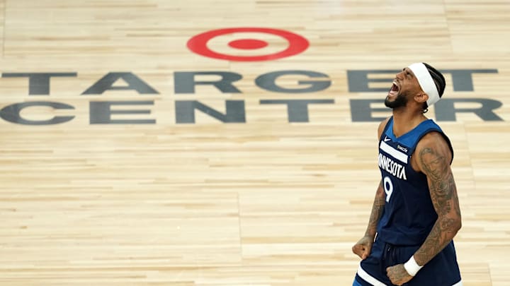 May 26, 2025; Minneapolis, Minnesota, USA; Minnesota Timberwolves guard Nickeil Alexander-Walker (9) reacts against the Oklahoma City Thunder in the second half during game four of the western conference finals for the 2025 NBA Playoffs at Target Center. Mandatory Credit: Jesse Johnson-Imagn Images May 26, 2025; Minneapolis, Minnesota, USA; Minnesota Timberwolves guard Nickeil Alexander-Walker (9) reacts against the Oklahoma City Thunder in the second half during game four of the western conference finals for the 2025 NBA Playoffs at Target Center. Mandatory Credit: Jesse Johnson-Imagn Images