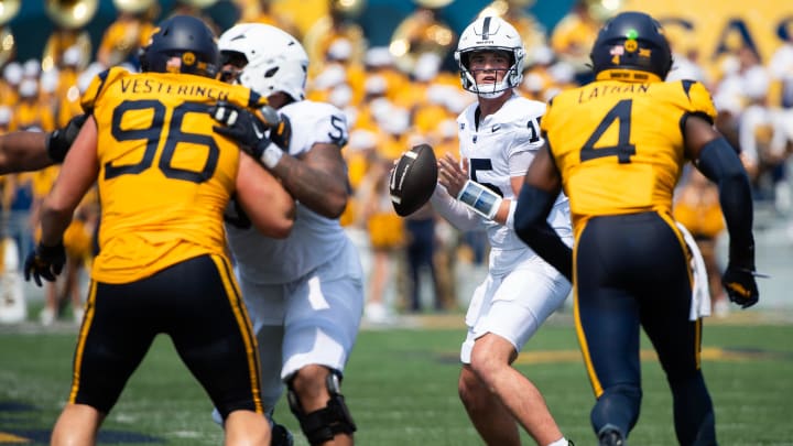 Penn State quarterback Drew Allar looks to throw in the first half against West Virginia. 