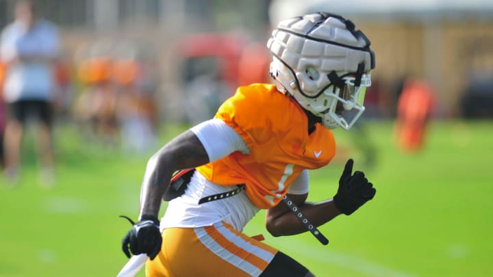 Tennessee's Rickey Gibson (1) runs during Tennessee football's fall practice, in Knoxville, Tenn., Saturday, August 3, 2024.