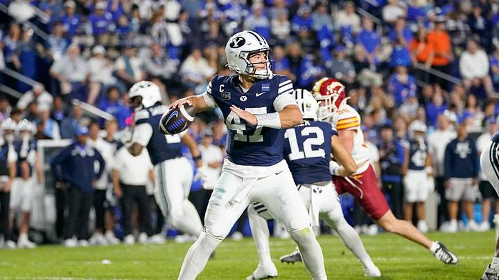 Oct 9, 2026; Provo, Utah, USA;  BYU Cougars quarterback Bear Bachmeier (47) drops back to pass during the first half against the Iowa State Cyclones at LaVell Edwards Stadium.  Mandatory Credit: Aaron Baker-Imagn Images