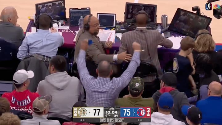 Mike Tirico interviewed a fan during the 76ers-Celtics game Tuesday