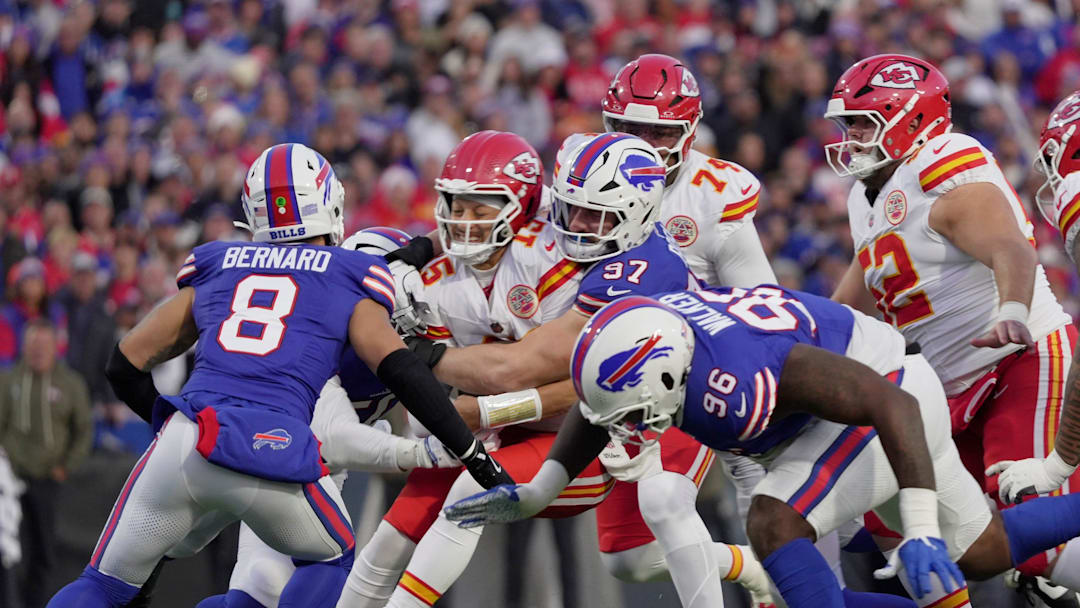 Buffalo Bills defensive end Joey Bosa sacks Kansas City Chiefs quarterback Patrick Mahomes with linebacker Terrel Bernard coming in to help during first half action against the Kansas City Chiefs at Highmark Stadium in Orchard Park on Nov. 2, 2025.