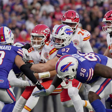 Buffalo Bills defensive end Joey Bosa sacks Kansas City Chiefs quarterback Patrick Mahomes with linebacker Terrel Bernard coming in to help during first half action against the Kansas City Chiefs at Highmark Stadium in Orchard Park on Nov. 2, 2025.