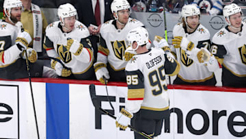 Dec 12, 2024; Winnipeg, Manitoba, CAN; Vegas Golden Knights right wing Victor Olofsson (95) celebrates his third period goal against the Winnipeg Jets at Canada Life Centre. Mandatory Credit: James Carey Lauder-Imagn Images