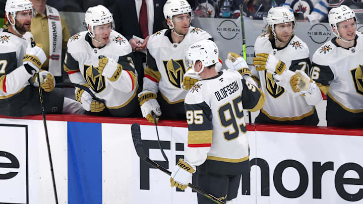 Dec 12, 2024; Winnipeg, Manitoba, CAN; Vegas Golden Knights right wing Victor Olofsson (95) celebrates his third period goal against the Winnipeg Jets at Canada Life Centre. Mandatory Credit: James Carey Lauder-Imagn Images