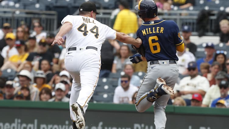 Jul 2, 2023; Pittsburgh, Pennsylvania, USA;  Pittsburgh Pirates starting pitcher Rich Hill (44) tags