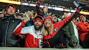 Nov 13, 2021; Knoxville, Tennessee, USA; Georgia Bulldogs fans celebrate during the second half in a game against the Tennessee Volunteers at Neyland Stadium. Mandatory Credit: Bryan Lynn-Imagn Images