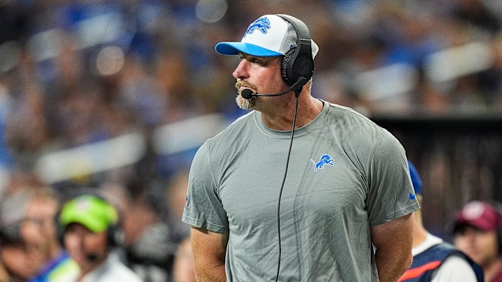 Campbell watches a play during the first half of a preseason game at Ford Field in Detroit.