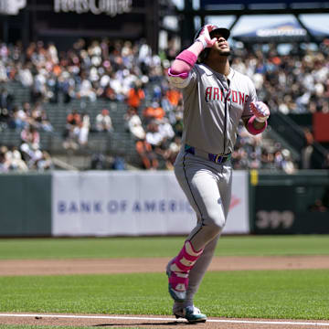 May 14, 2025; San Francisco, California, USA; Arizona Diamondbacks second baseman Ketel Marte (4) celebrates his solo home run against the San Francisco Giants during the first inning at Oracle Park. Mandatory Credit: D. Ross Cameron-Imagn Images