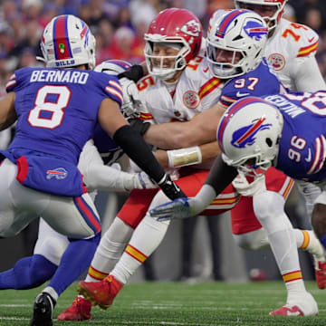 Buffalo Bills defensive end Joey Bosa sacks Kansas City Chiefs quarterback Patrick Mahomes.