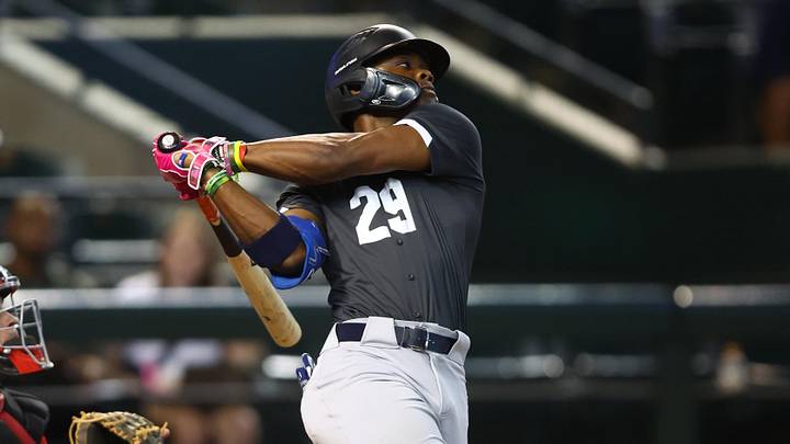 Jun 20, 2023; Phoenix, AZ, USA; Draft prospect Zyhir Hope during a high school baseball game at the MLB Draft Combine at Chase Field. Mandatory Credit: Mark J. Rebilas-Imagn Images