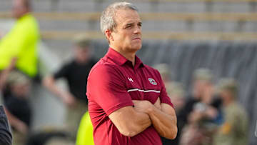 Sep 20, 2025; Columbia, Missouri, USA; South Carolina Gamecocks head coach Shane Beamer watches warm ups against the Missouri Tigers prior to a game at Faurot Field at Memorial Stadium. Mandatory Credit: Denny Medley-Imagn Images