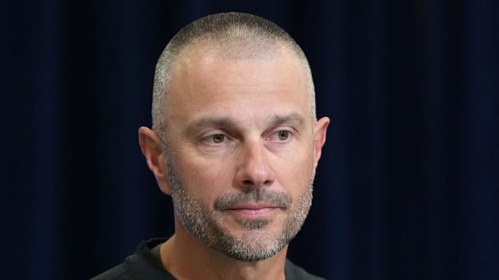 Feb 24, 2026; Indianapolis, IN, USA; Las Vegas Raiders general manager John Spytek speaks at the NFL Scouting Combine at the Indiana Convention Center. Mandatory Credit: Kirby Lee-Imagn Images