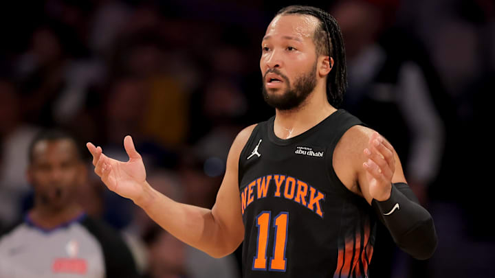Jan 27, 2026; New York, New York, USA; New York Knicks guard Jalen Brunson (11) reacts during the first quarter against the Sacramento Kings at Madison Square Garden. Mandatory Credit: Brad Penner-Imagn Images