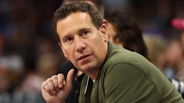 Dec 19, 2024; Phoenix, Arizona, USA; Phoenix Suns owner Mat Ishbia sits courtside against the Indiana Pacers at Footprint Center. Mandatory Credit: Mark J. Rebilas-Imagn Images
