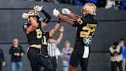 Vanderbilt wide receiver Richie Hoskins (5) celebrates his touchdown against Kentucky during the third quarter at FirstBank Stadium in Nashville, Tenn., Saturday, Nov. 22, 2025.