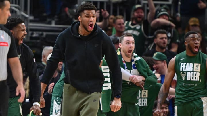 Apr 21, 2024; Milwaukee, Wisconsin, USA; Milwaukee Bucks forward Giannis Antetokounmpo (34) reacts in the fourth quarter against the Indiana Pacers during game one of the first round for the 2024 NBA playoffs at Fiserv Forum. Mandatory Credit: Benny Sieu-USA TODAY Sports