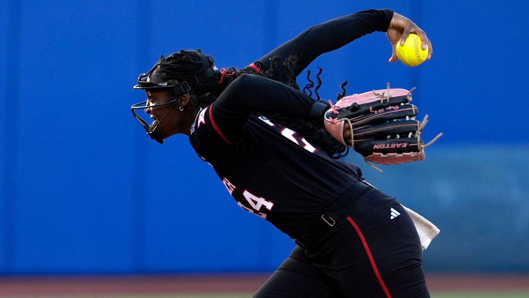 Texas Tech Red Raiders pitcher NiJaree Canady (24) throws a pitch during Game 1 of the NCAA softball Women's College World Series finals between the Texas Longhorns and the Texas Tech Red Raiders at Devon Park in Oklahoma City, Wednesday, June 3, 2026. Texas Tech Red Raiders pitcher NiJaree Canady (24) throws a pitch during Game 1 of the NCAA softball Women's College World Series finals between the Texas Longhorns and the Texas Tech Red Raiders at Devon Park in Oklahoma City, Wednesday, June 3, 2026.