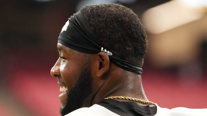 Arizona Cardinals safety Budda Baker (3) smiles on the sidelines during training camp at State Farm Stadium in Glendale on July 25, 2024.