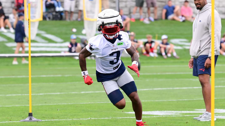 Jul 24, 2024; Foxborough, MA, USA; New England Patriots wide receiver DeMario Douglas (3) runs through a drill during training camp at Gillette Stadium. Mandatory Credit: Eric Canha-USA TODAY Sports