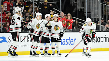Apr 10, 2025; Boston, Massachusetts, USA; Chicago Blackhawks defenseman Kevin Korchinski (14) skates to the bench after scoring a goal during the third period against the Boston Bruins at TD Garden. Mandatory Credit: Bob DeChiara-Imagn Images