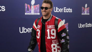 Feb 11, 2024; Paradise, Nevada, USA; San Francisco 49ers fullback Kyle Juszczyk (44) arrives before