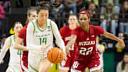 Oregon guard Ari Long steals the ball from Indiana guard Chloe Moore-McNeil as the Oregon Ducks host the Indiana Hoosiers Friday, Jan. 24, 2025, at Matthew Knight Arena in Eugene, Ore.