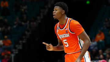 Nov 25, 2025; Las Vegas, Nevada, USA; Syracuse Orange forward Tyler Betsey (5) reacts during the second half in a 2025 Players Era Festival group play game against the Kansas Jayhawks at MGM Grand Garden Arena. Mandatory Credit: Stephen R. Sylvanie-Imagn Images