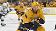 Oct 11, 2025; Nashville, Tennessee, USA;  Nashville Predators center Jonathan Marchessault (81) skates with the puck against the Utah Mammoth during the third period at Bridgestone Arena. Mandatory Credit: Steve Roberts-Imagn Images