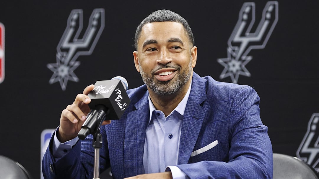 Jun 24, 2023; San Antonio, TX, USA; San Antonio Spurs general manager Brian Wright speaks at a press conference at AT&T Center. Mandatory Credit: Troy Taormina-Imagn Images