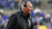 Oct 25, 2025; Pittsburgh, Pennsylvania, USA;  North Carolina State Wolfpack head coach Dave Doeren reacts on the sidelines against the Pittsburgh Panthers during the third quarter at Acrisure Stadium. Mandatory Credit: Charles LeClaire-Imagn Images