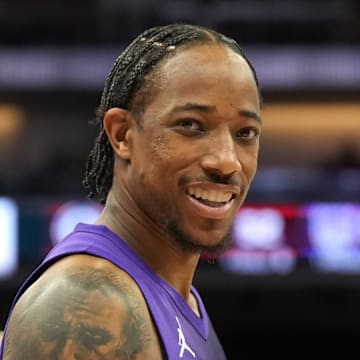 Apr 11, 2025; Sacramento, California, USA; Sacramento Kings forward DeMar DeRozan (10) during the third quarter against the Los Angeles Clippers at Golden 1 Center. Mandatory Credit: Darren Yamashita-Imagn Images