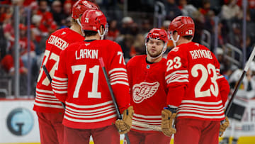 Nov 9, 2025; Detroit, Michigan, USA; The Detroit Red Wings huddle prior to the beginning of the third period against the Chicago Blackhawks at Little Caesars Arena. Mandatory Credit: Brian Bradshaw Sevald-Imagn Images