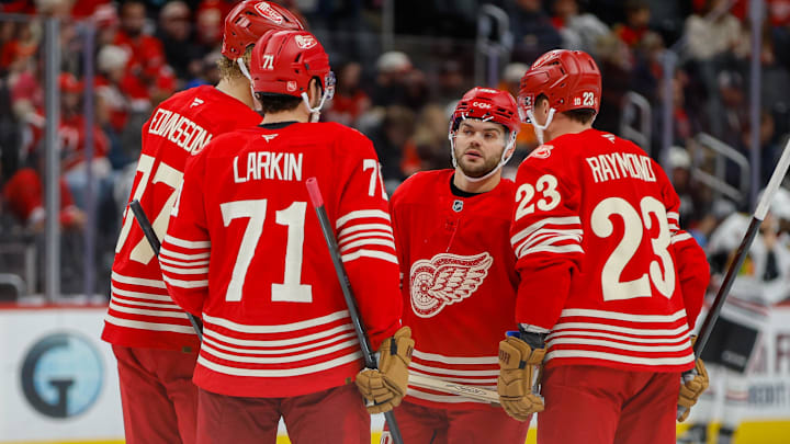 Nov 9, 2025; Detroit, Michigan, USA; The Detroit Red Wings huddle prior to the beginning of the third period against the Chicago Blackhawks at Little Caesars Arena. Mandatory Credit: Brian Bradshaw Sevald-Imagn Images