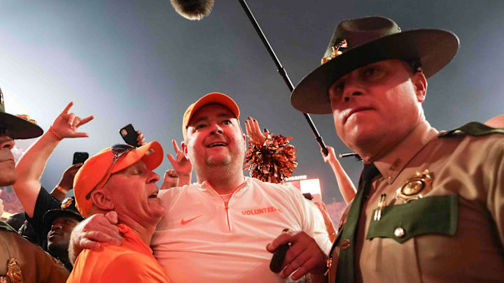 Josh Heupel exits the field after winning a game between Tennessee and Alabama at Neyland Stadium in Knoxville, Tenn., Saturday, Oct. 19, 2024. (Amidst the chaos of the field storming I realized I could get in the line of Heupel coming off the field. It's hard to get a coach shot during a field storming so I was glad to be in the right place at the right time.)