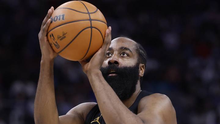 May 7, 2026; Detroit, Michigan, USA; Cleveland Cavaliers guard James Harden (1) shoots in the first half against the Detroit Pistons during game two of the second round of the 2026 NBA Playoffs at Little Caesars Arena. Mandatory Credit: Rick Osentoski-Imagn Images