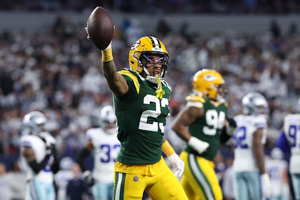 Packers CB Jaire Alexander reacts after an interception against the Dallas Cowboys
