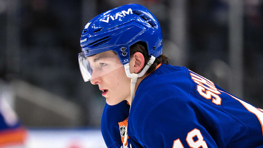 Dec 19, 2025; Elmont, New York, USA; New York Islanders defenseman Matthew Schaefer (48) warms up before a game against the Vancouver Canucks at UBS Arena. Mandatory Credit: John Jones-Imagn Images