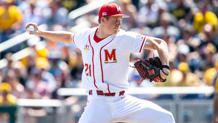 Maryland's Kenny Lippman (21) delivers a pitch during the championship game of the Big Ten Baseball Tournament against Iowa, Sunday, May 28, 2023, at Charles Schwab Field in Omaha, Neb.