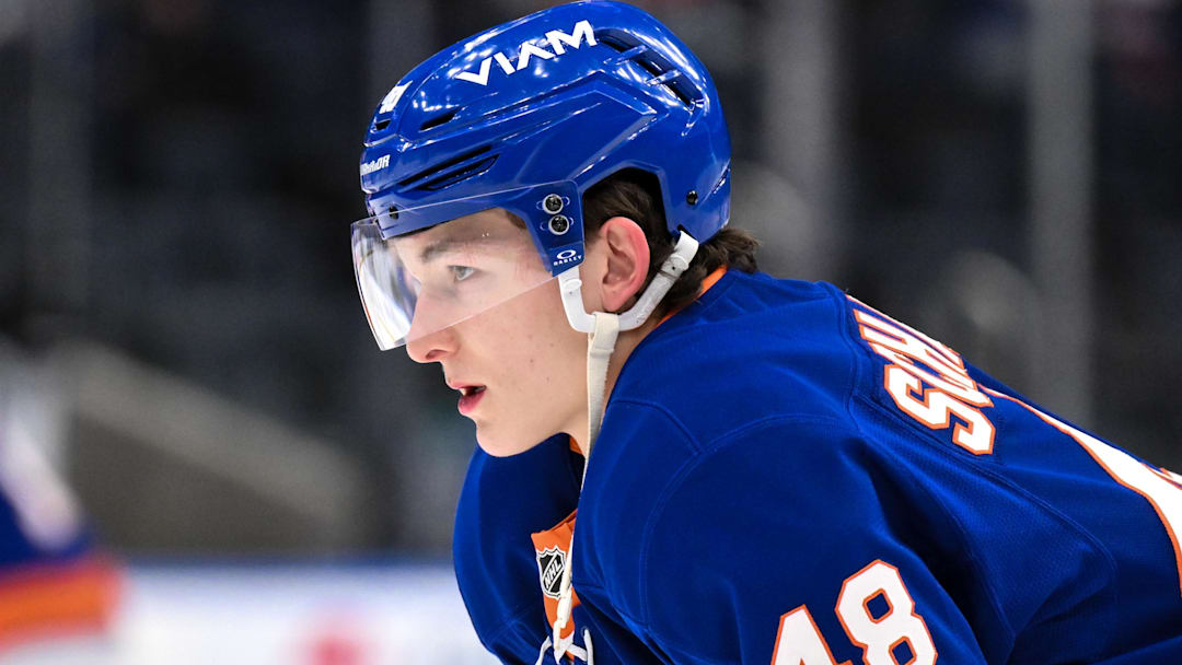Dec 19, 2025; Elmont, New York, USA; New York Islanders defenseman Matthew Schaefer (48) warms up before a game against the Vancouver Canucks at UBS Arena. Mandatory Credit: John Jones-Imagn Images