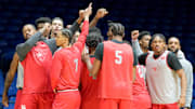 Houston players huddle during a practice on March 27, 2025 prior to the NCAA Tournament's Midwest Regional.