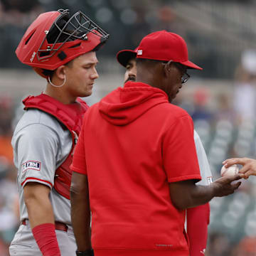 Aug 29, 2024; Detroit, Michigan, USA;  Los Angeles Angels manager Ron Washington (37) take the ball to relieve pitcher Jose Quijada (65) in the eighth inning against the Detroit Tigers at Comerica Park. Mandatory Credit: Rick Osentoski-Imagn Images